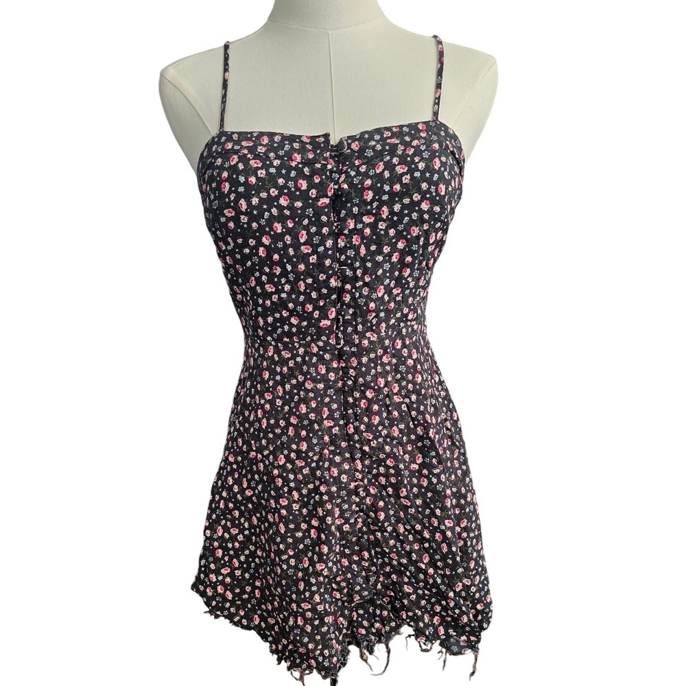 TEENMOD Black Floral Smock Mini Dress Spaghetti Strap Raw Hem Grunge Boho Summer